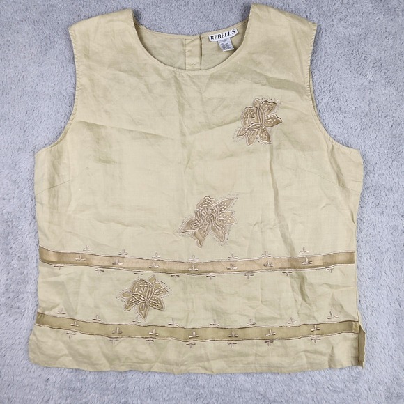 Linen 3 Pc Set Floral Eyelet Jacket Shell Pant Womens 5XL Tan Lagenlook Boho VTG - Picture 7 of 14